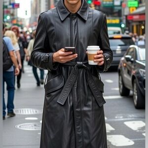 Italian Messori Men's Black Finest Leather Trench Coat, Size M